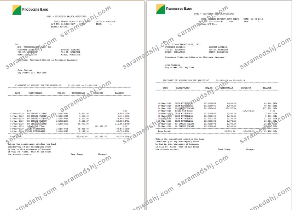 Philippines Producers Bank statement Word and PDF template, 2 pages